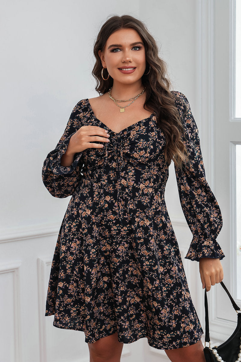 Floral Pleated Lace-Up Dress-Elegant Long Sleeve Design