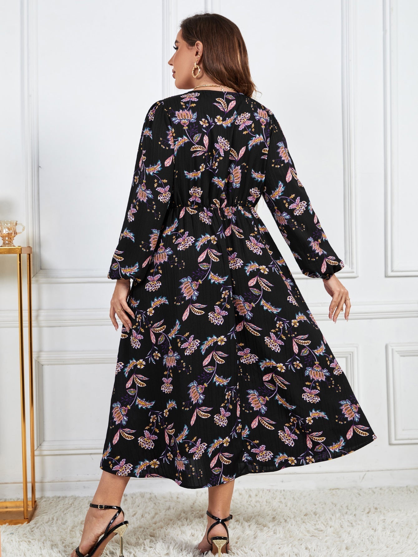 Printed Loose Floral Dress-High Waist Slimming Long Sleeve