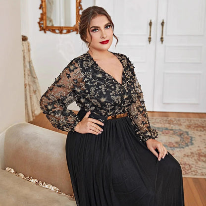 Muslim Plus Size Dress – Elegant V-Neck Black Panel Gown