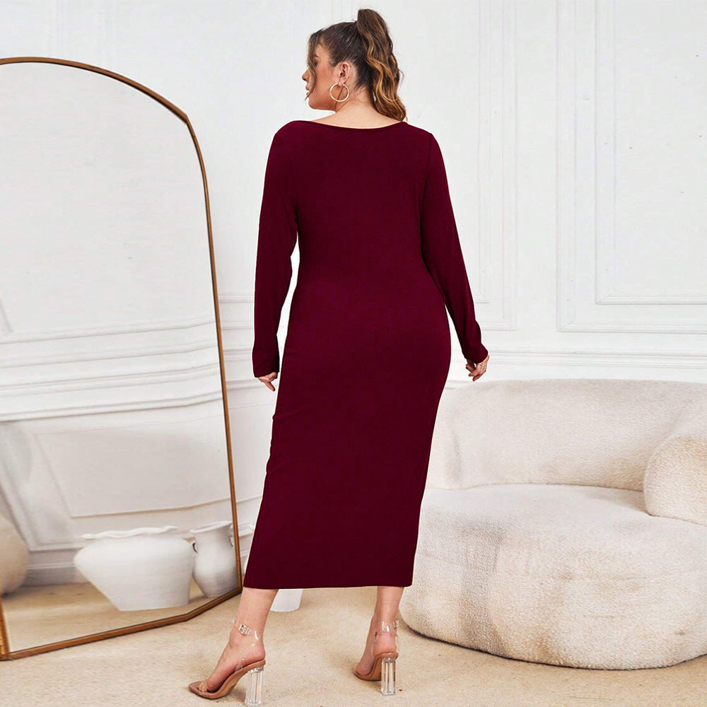 Slim Fit Long Dress for Women – V-Neck Elegant Knitwear Style