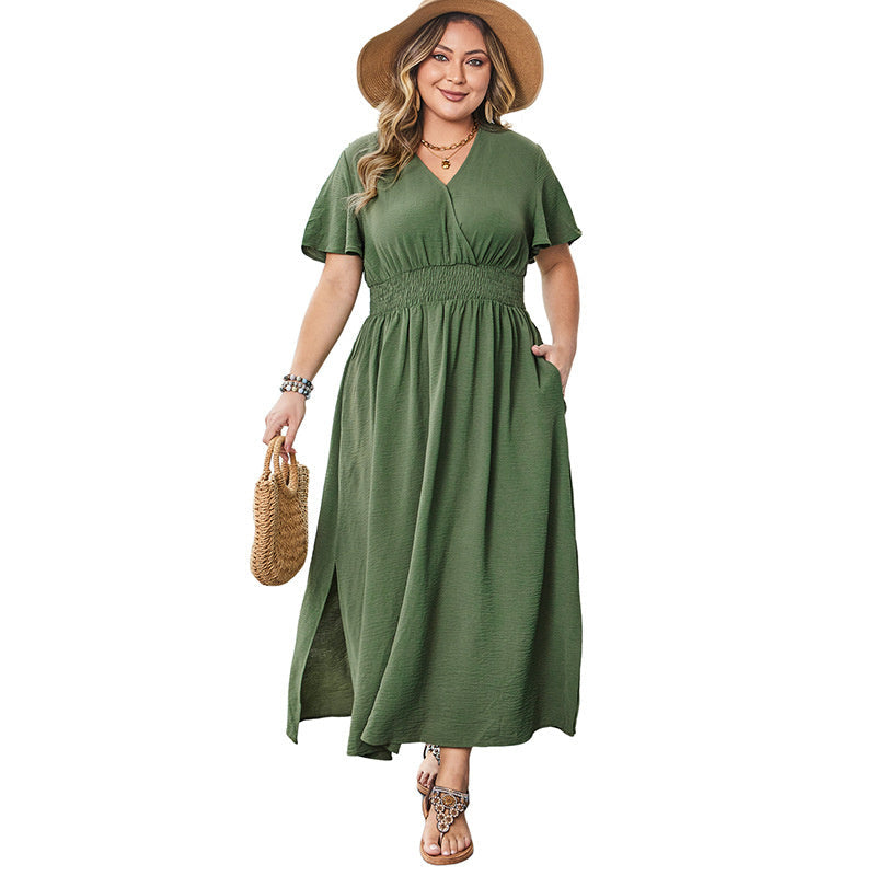 V-Neck Long Dress – Elegant Bell Sleeve Slim Fit