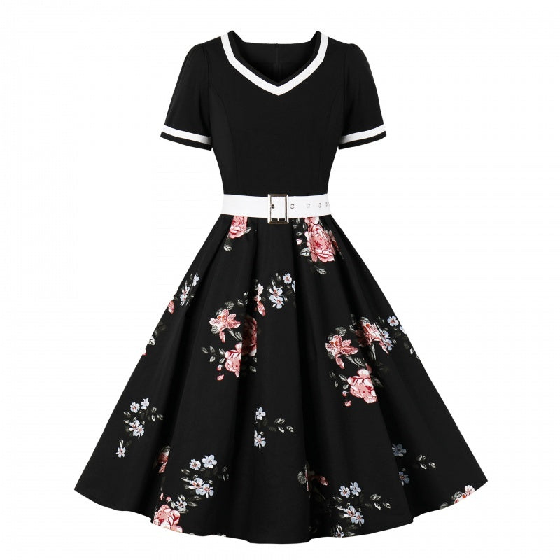 French Vintage V-Neck Hepburn Swing Dress