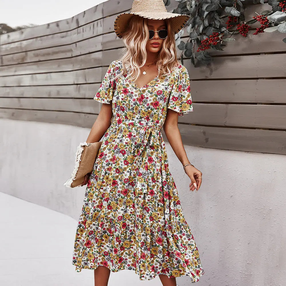 Printed Floral Waist Dress – V-Neck Swing Mid Dress
