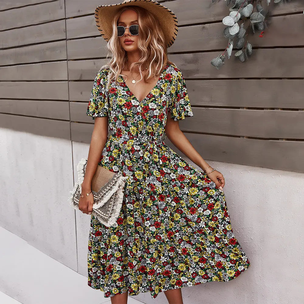 Printed Floral Waist Dress – V-Neck Swing Mid Dress