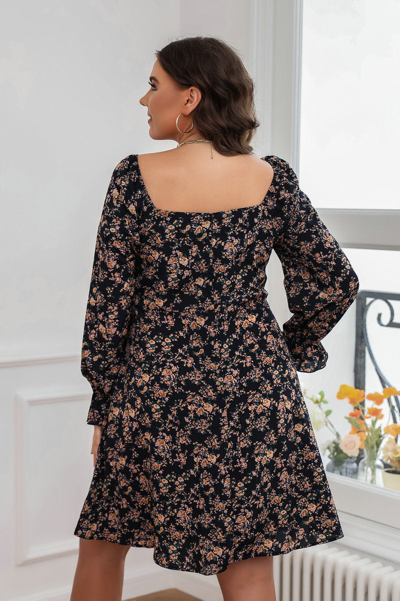 Floral Pleated Lace-Up Dress-Elegant Long Sleeve Design