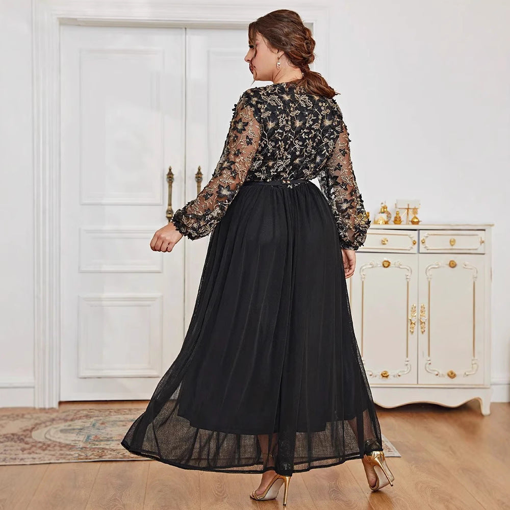 Muslim Plus Size Dress – Elegant V-Neck Black Panel Gown