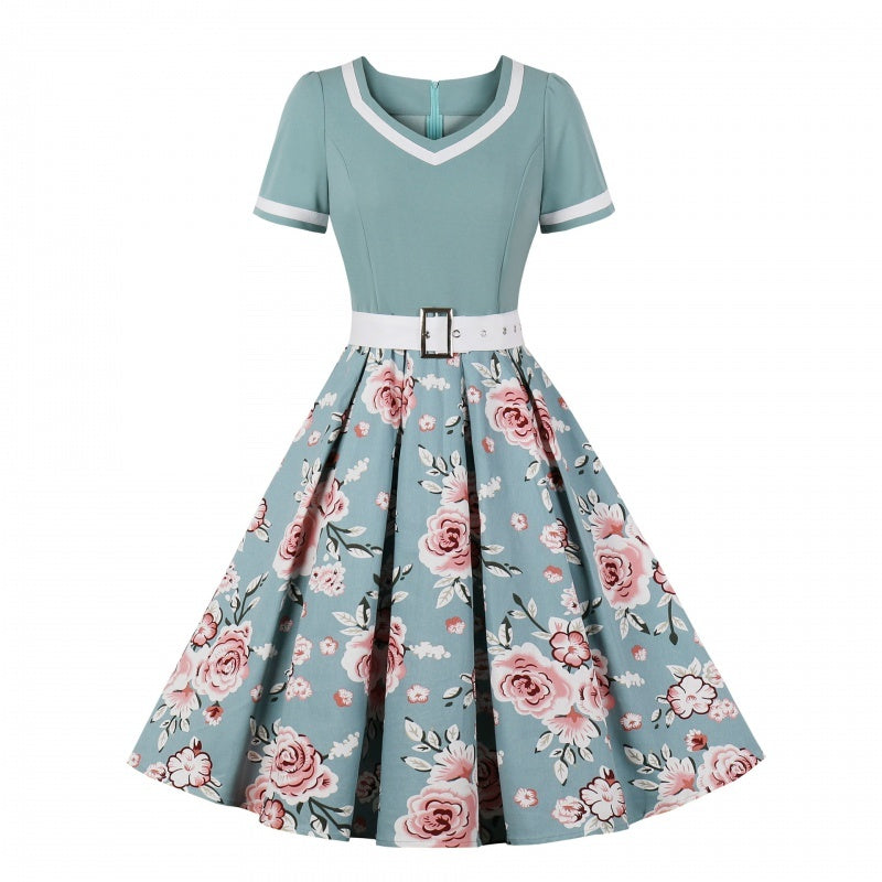 French Vintage V-Neck Hepburn Swing Dress