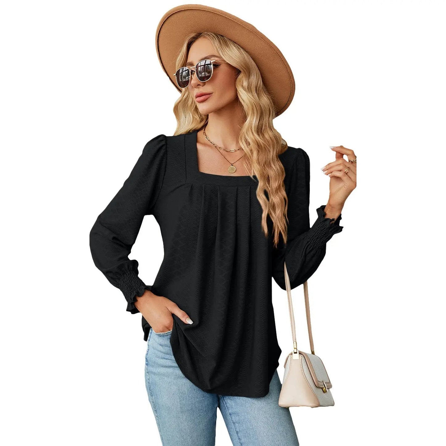 Jacquard Pleated Square Neck Top – Long Sleeve Solid Color