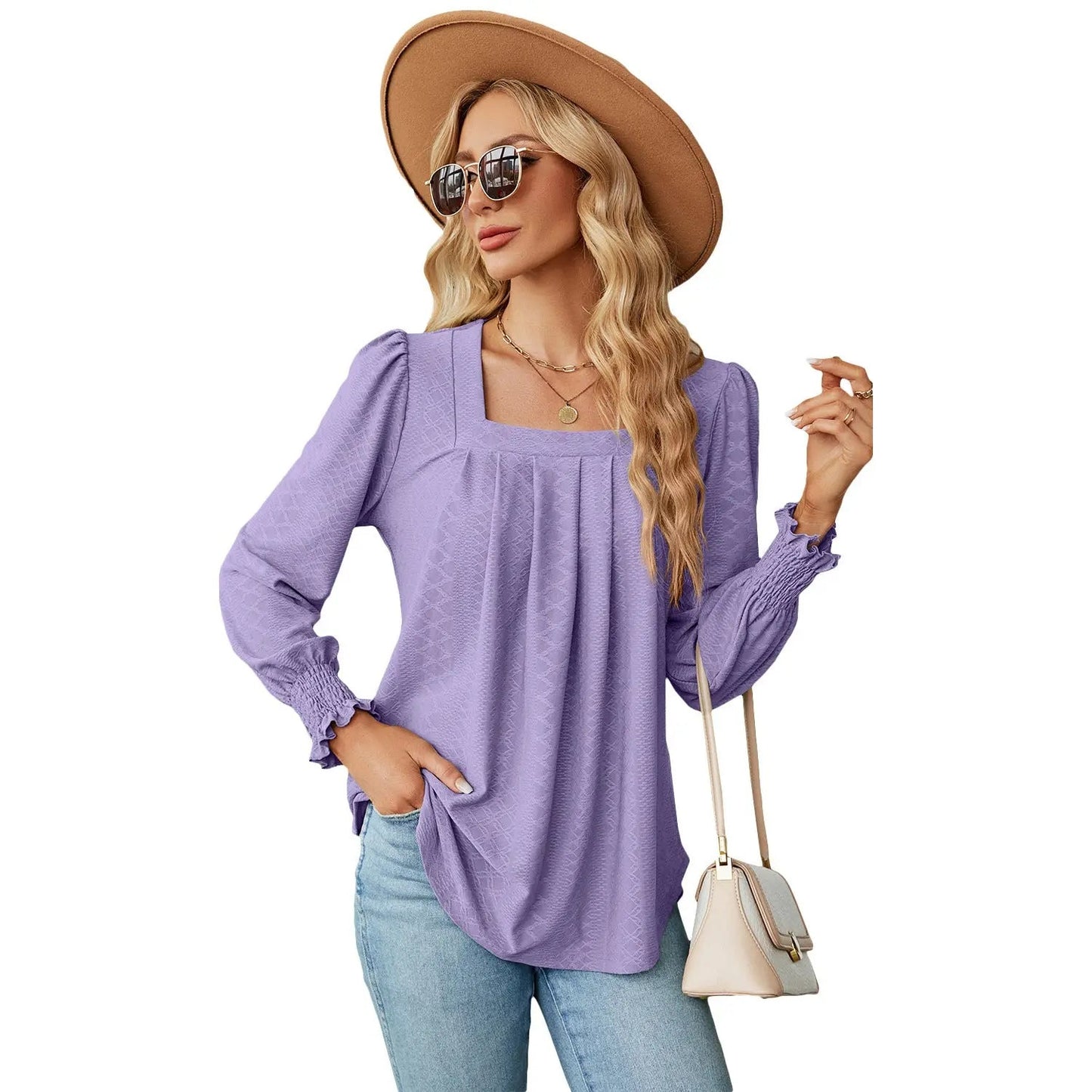 Jacquard Pleated Square Neck Top – Long Sleeve Solid Color
