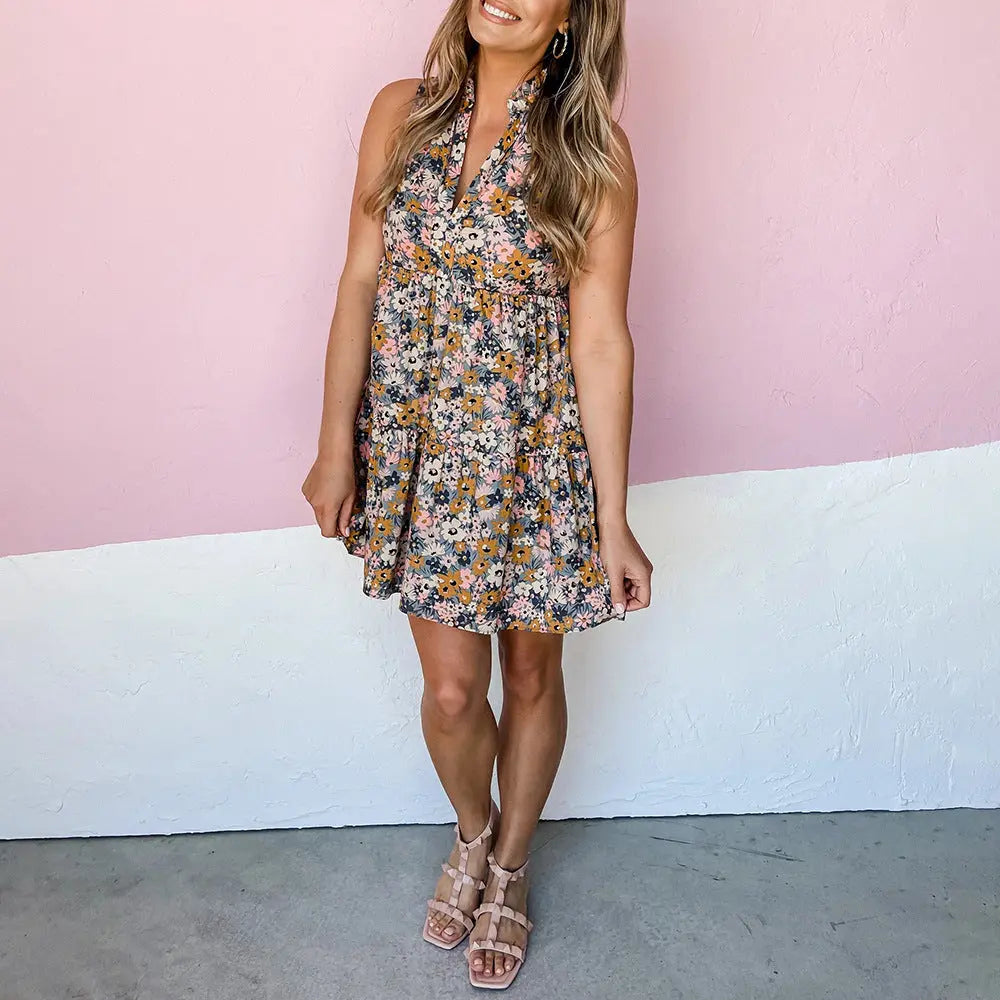 Floral V-Neck Sleeveless Dress – Elegant Summer Style