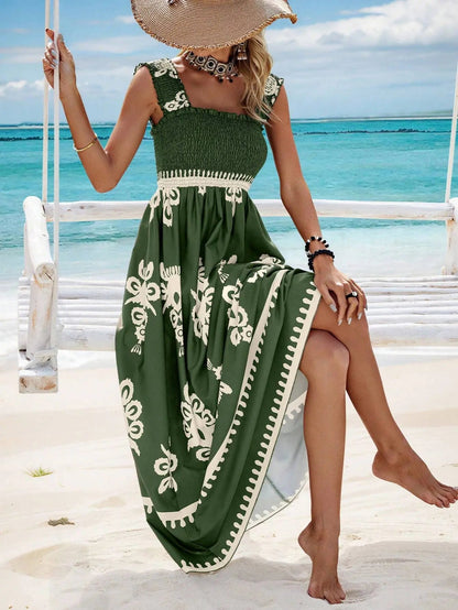Holiday Printed Mid-Length Dress – Elegant Front Cross