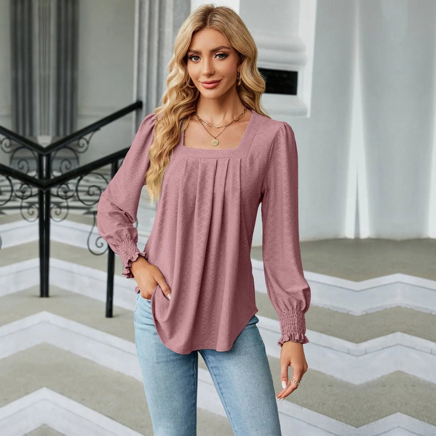 Jacquard Pleated Square Neck Top – Long Sleeve Solid Color