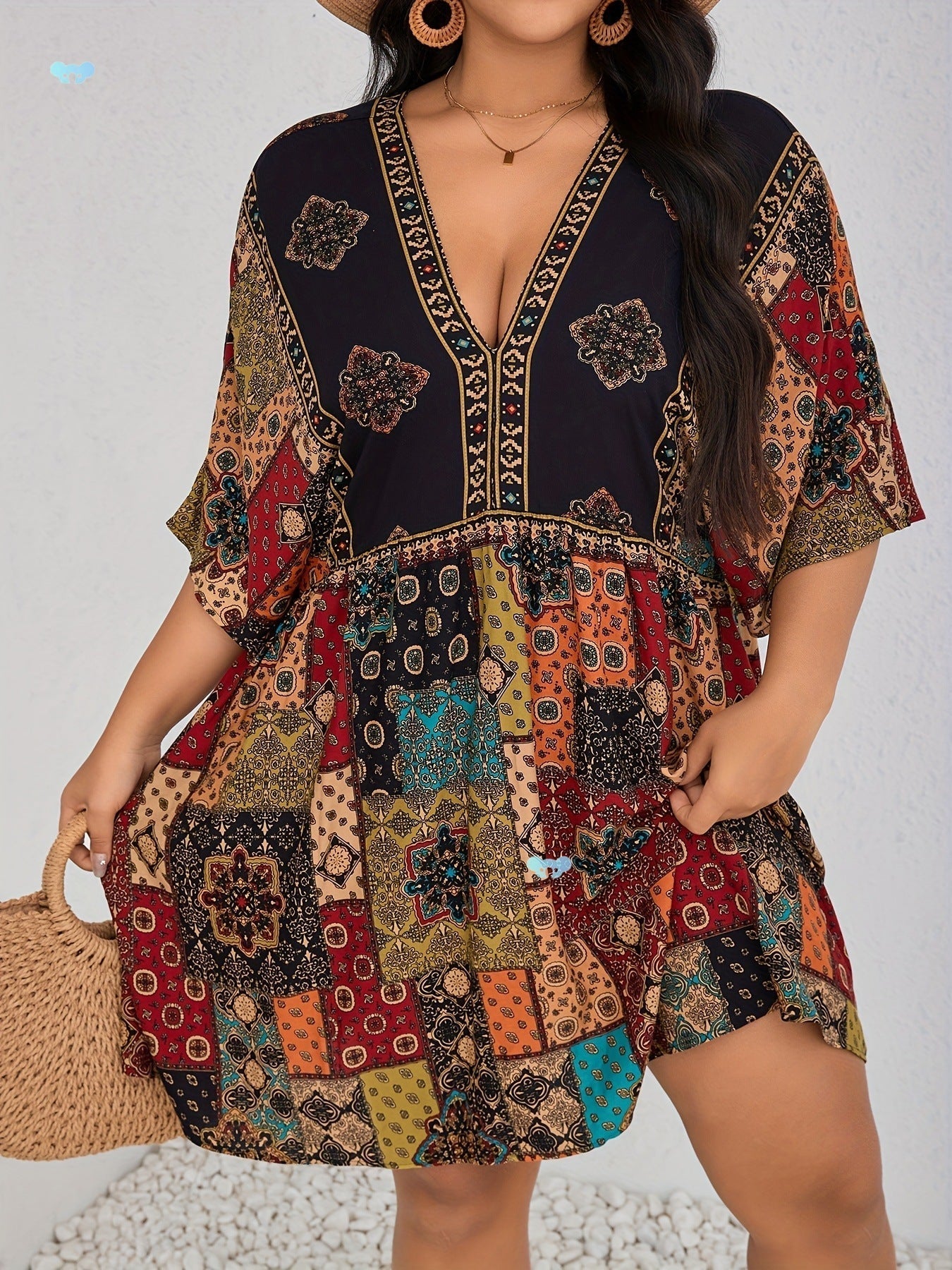 Plus Size Floral Print Dress-Casual Short Sleeve V Neck