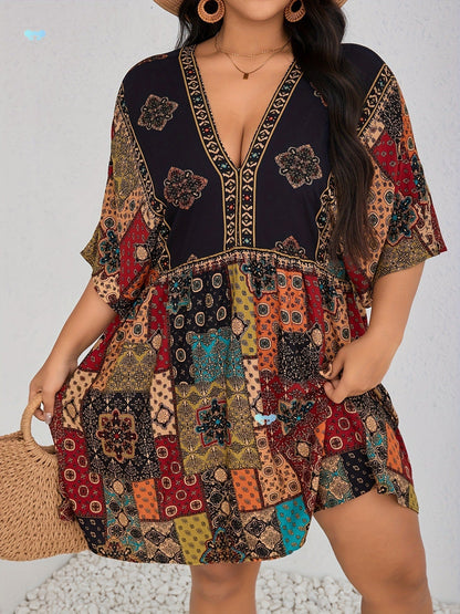 Plus Size Floral Print Dress-Casual Short Sleeve V Neck