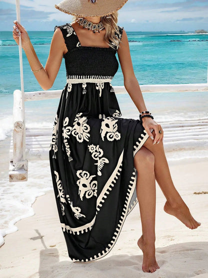 Holiday Printed Mid-Length Dress – Elegant Front Cross