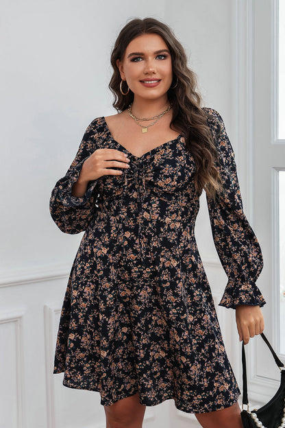 Floral Pleated Lace-Up Dress-Elegant Long Sleeve Design