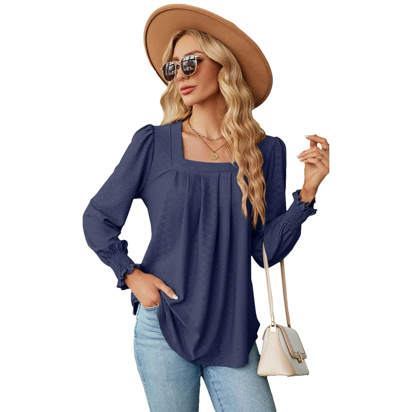 Jacquard Pleated Square Neck Top – Long Sleeve Solid Color
