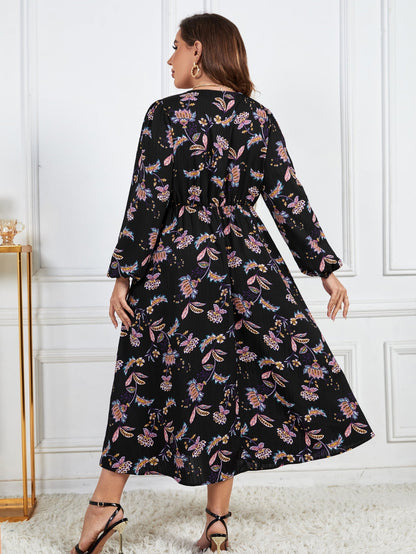 Printed Loose Floral Dress-High Waist Slimming Long Sleeve