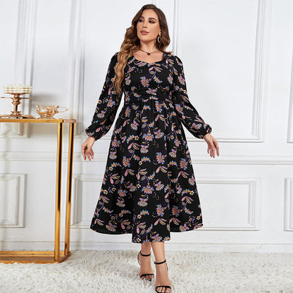 Printed Loose Floral Dress-High Waist Slimming Long Sleeve