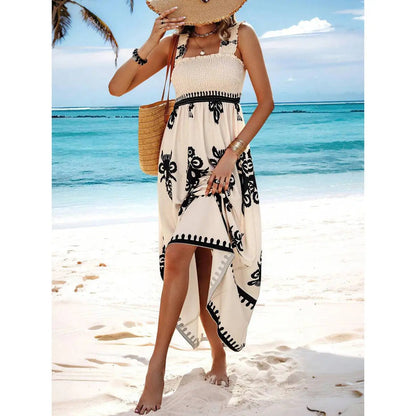 Holiday Printed Mid-Length Dress – Elegant Front Cross
