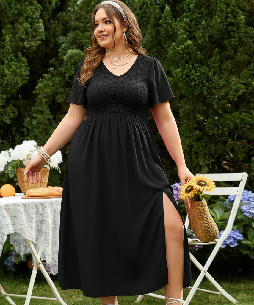 V-Neck Long Dress – Elegant Bell Sleeve Slim Fit