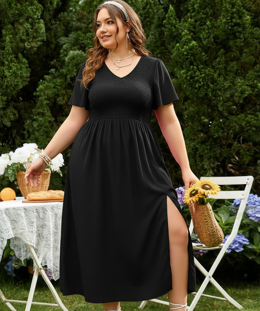 V-Neck Long Dress – Elegant Bell Sleeve Slim Fit