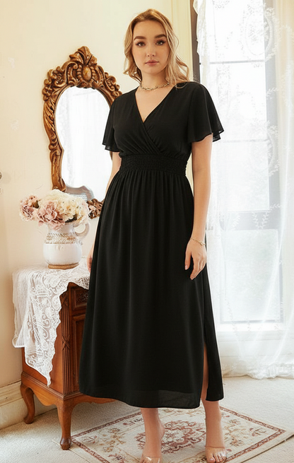 V-Neck Long Dress – Elegant Bell Sleeve Slim Fit