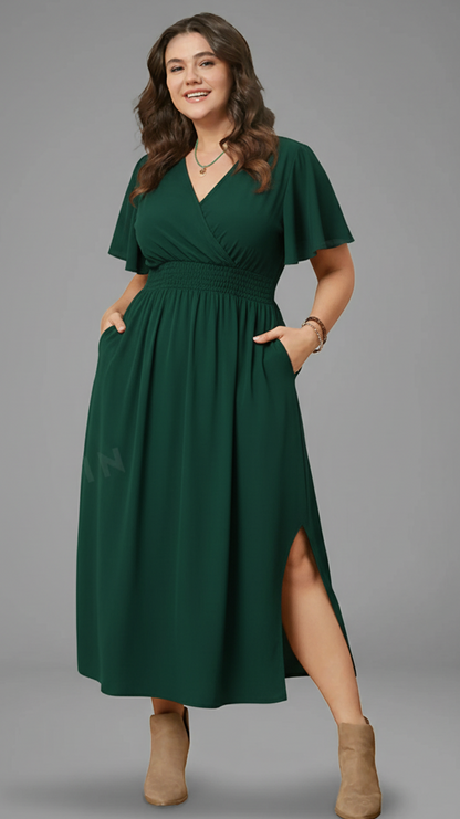 V-Neck Long Dress – Elegant Bell Sleeve Slim Fit