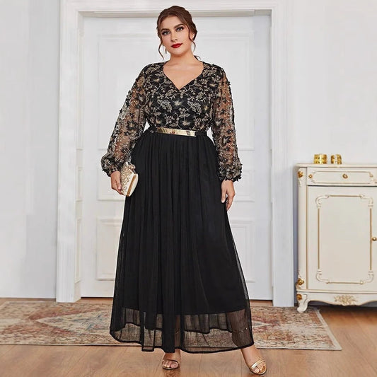 Muslim Plus Size Dress – Elegant V-Neck Black Panel Gown