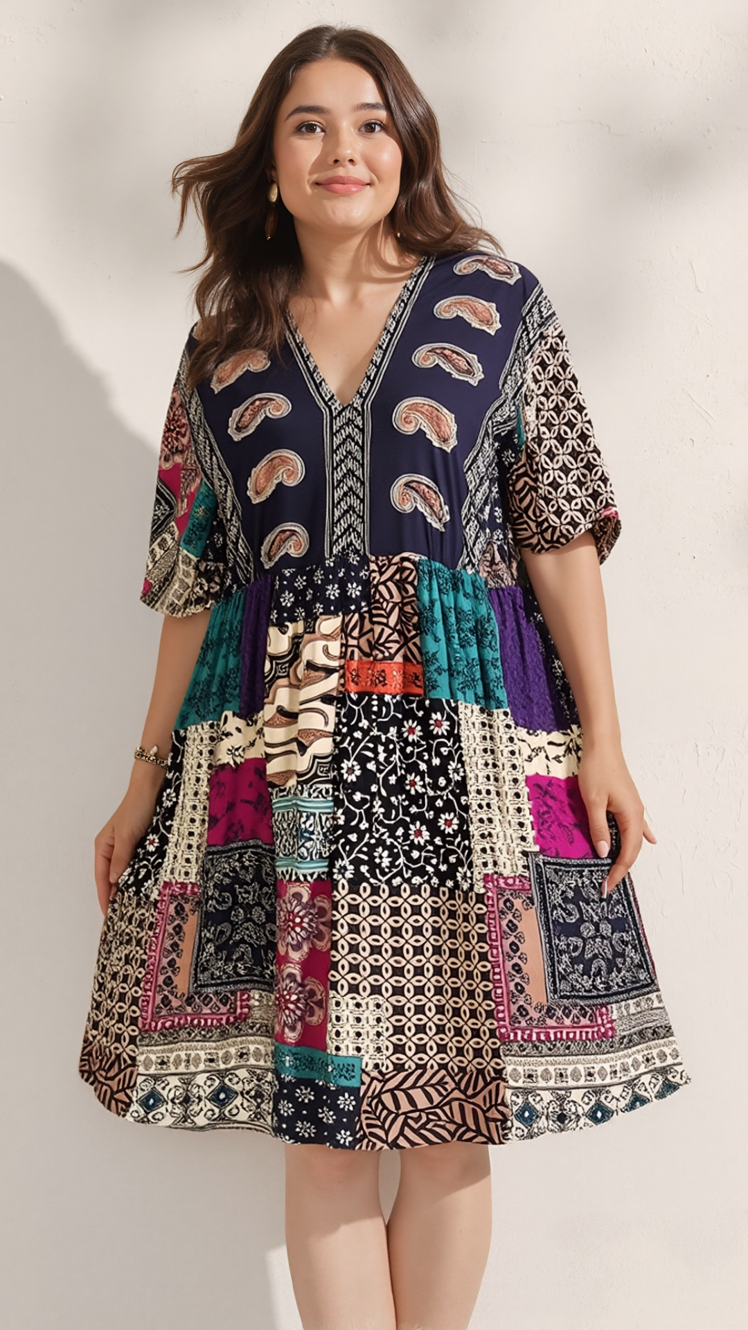 Plus Size Floral Print Dress-Casual Short Sleeve V Neck