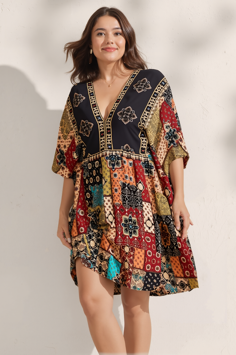 Plus Size Floral Print Dress-Casual Short Sleeve V Neck