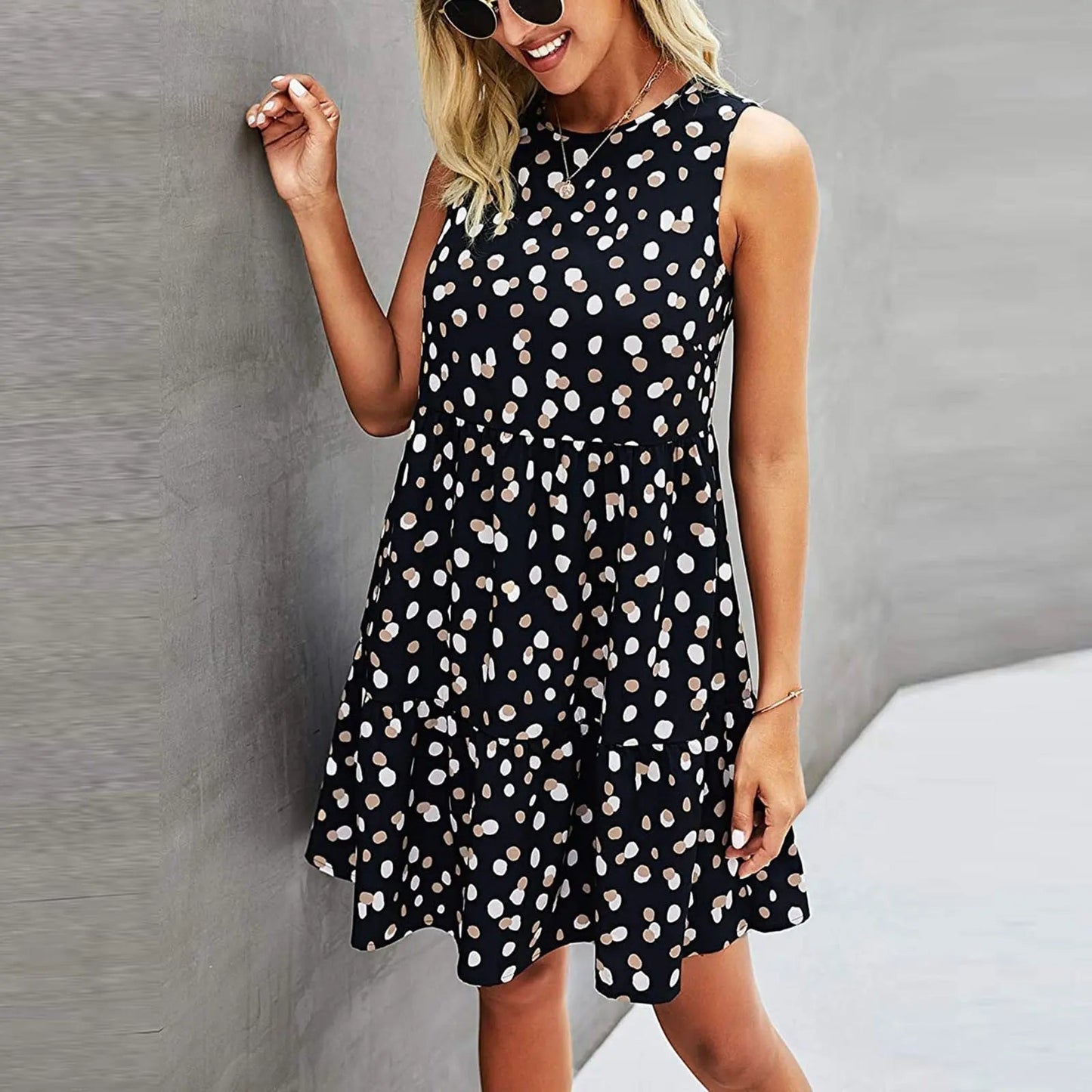 Women Summer Dot Print Sleeveless Dress – Casual Sundress