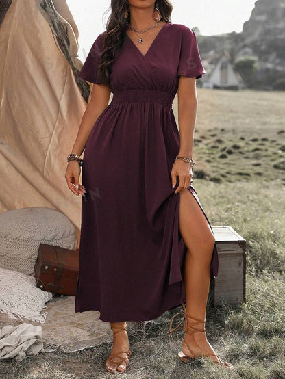 V-Neck Long Dress – Elegant Bell Sleeve Slim Fit