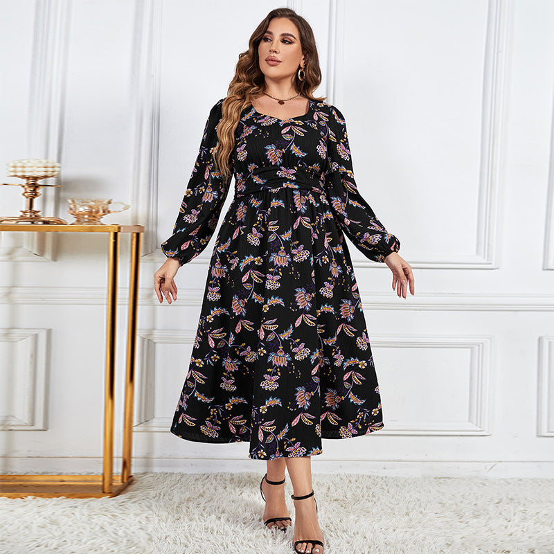 Printed Loose Floral Dress-High Waist Slimming Long Sleeve