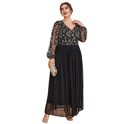 Muslim Plus Size Dress – Elegant V-Neck Black Panel Gown