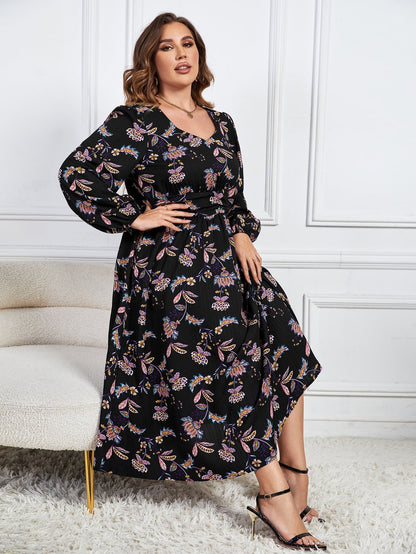 Printed Loose Floral Dress-High Waist Slimming Long Sleeve