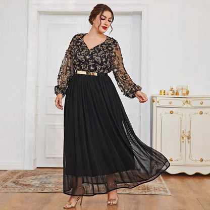 Muslim Plus Size Dress – Elegant V-Neck Black Panel Gown