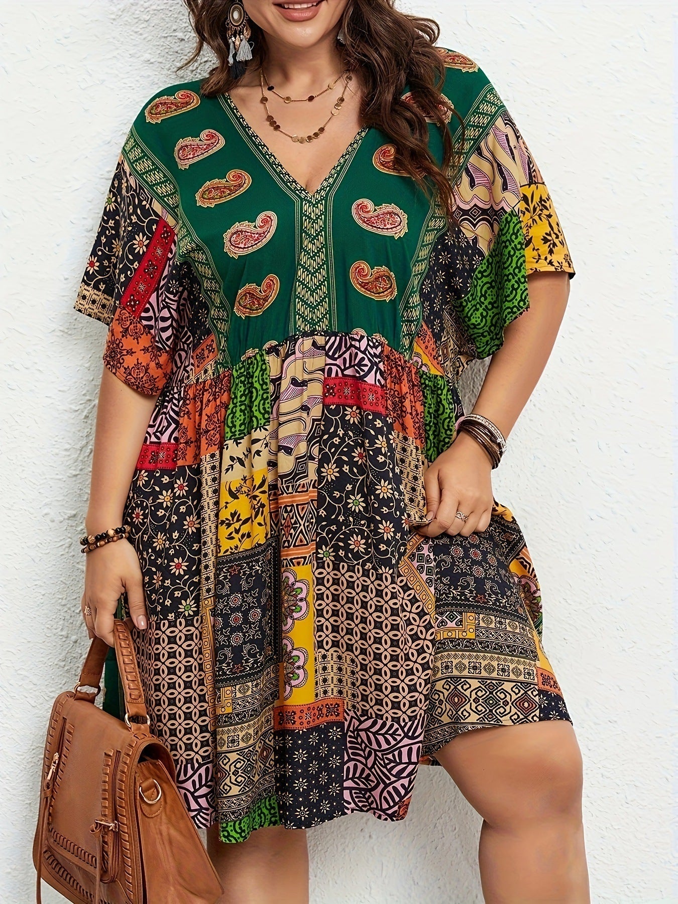 Plus Size Floral Print Dress-Casual Short Sleeve V Neck