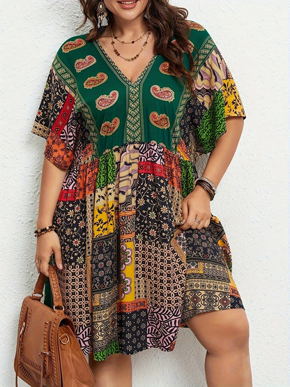 Plus Size Floral Print Dress-Casual Short Sleeve V Neck