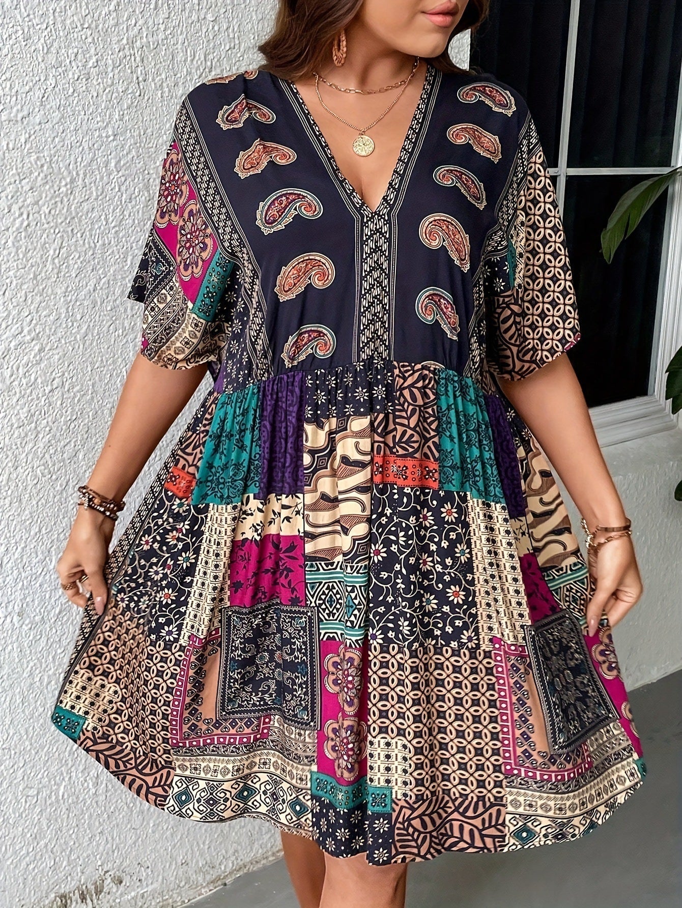 Plus Size Floral Print Dress-Casual Short Sleeve V Neck