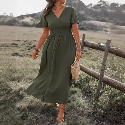 V-Neck Long Dress – Elegant Bell Sleeve Slim Fit