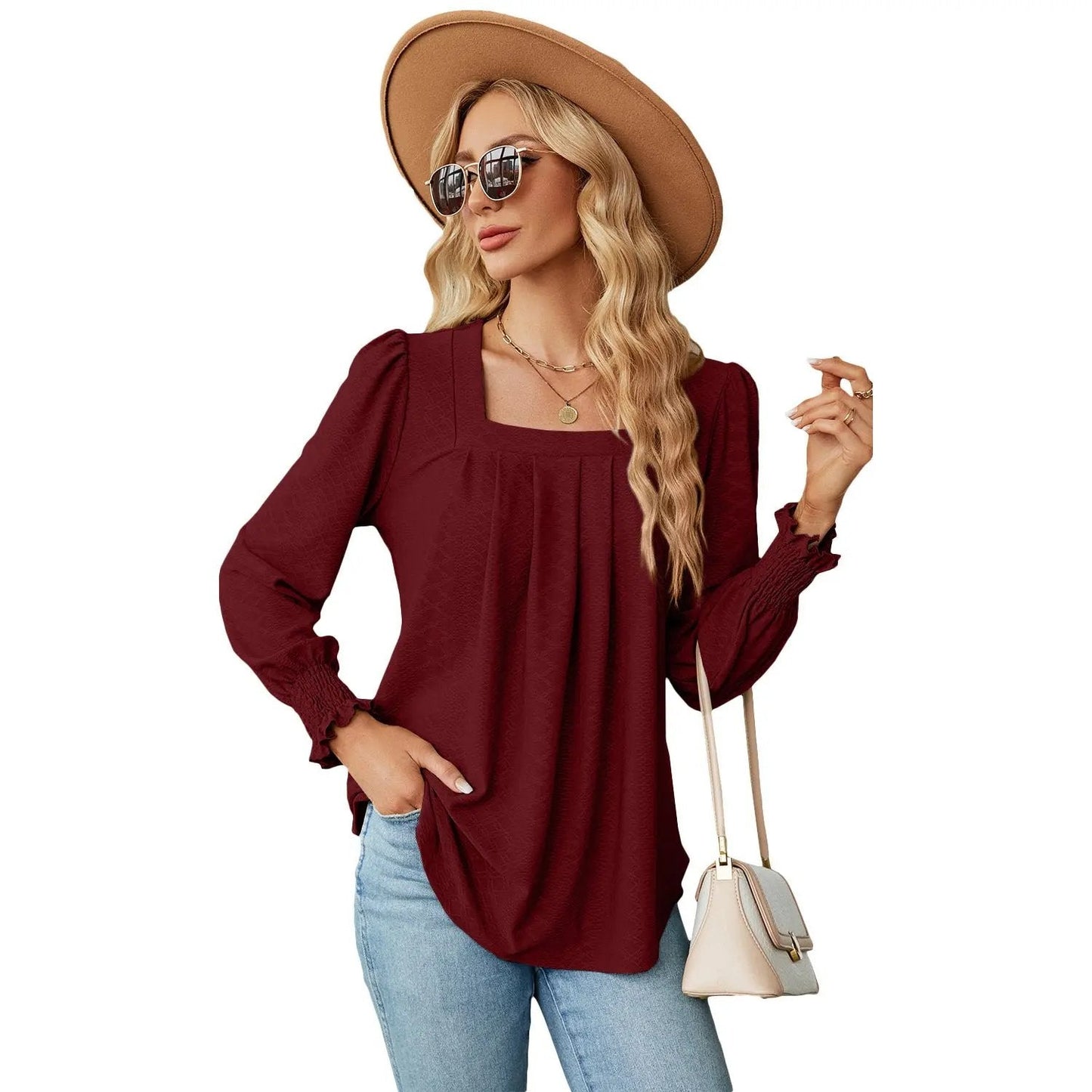 Jacquard Pleated Square Neck Top – Long Sleeve Solid Color