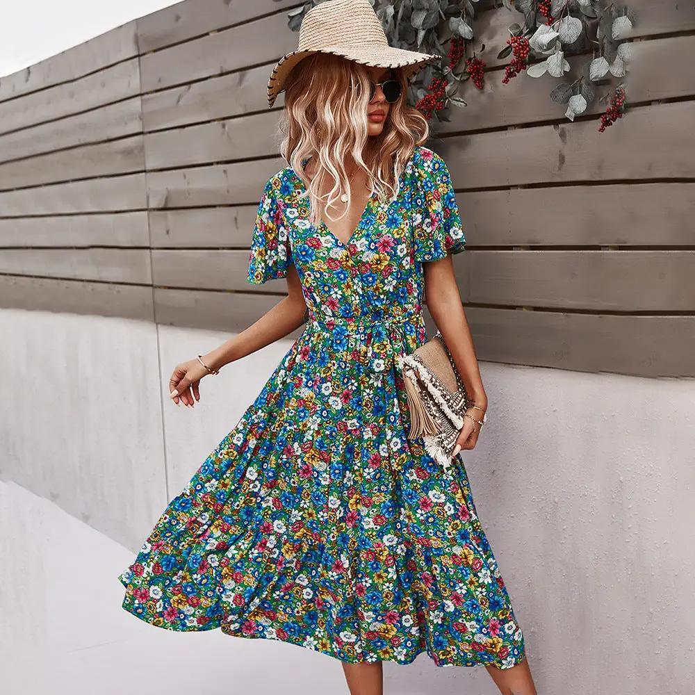 Printed Floral Waist Dress – V-Neck Swing Mid Dress